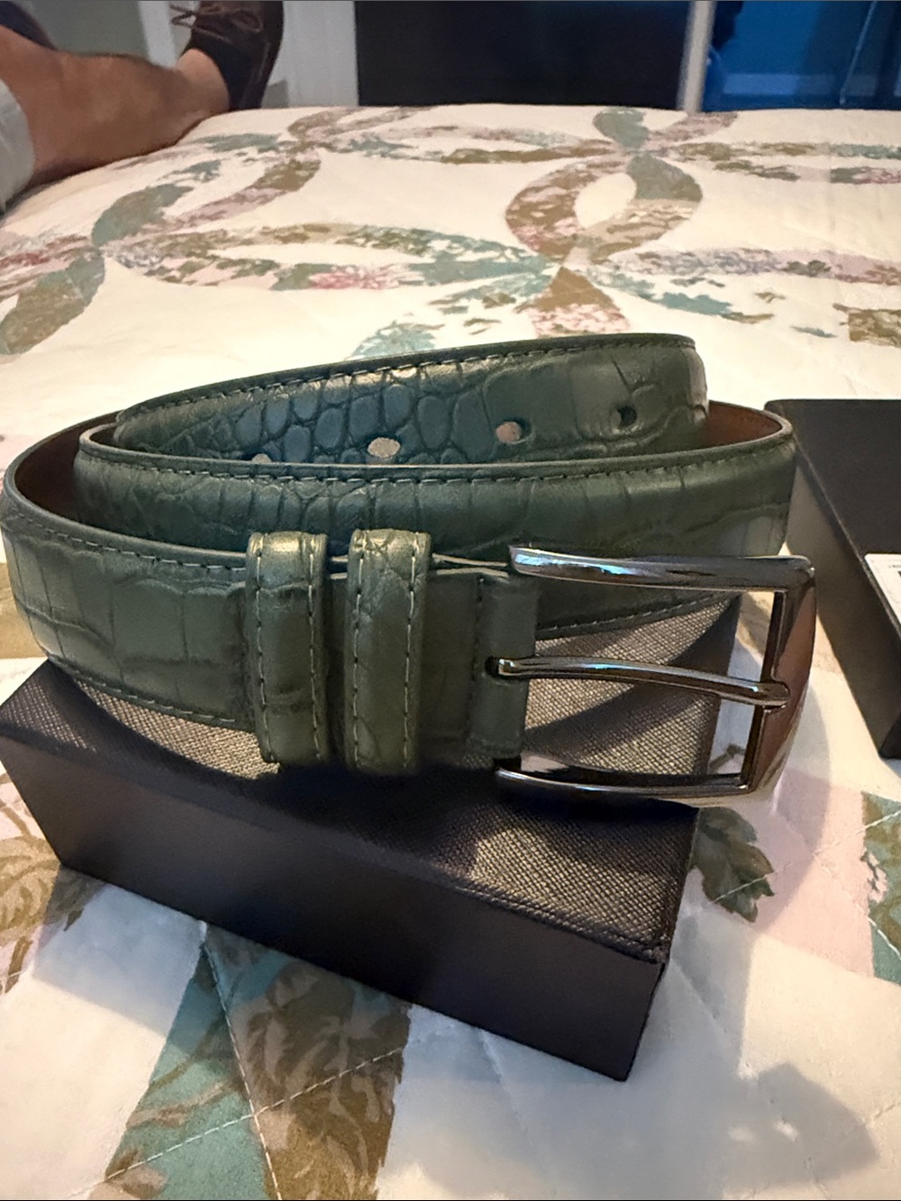 Men's Leather Belt - Green Croc-Embossed